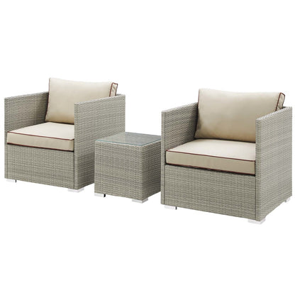 Repose 3 Piece Outdoor Patio Sectional Set, Sunbrella Rattan Wicker, Light Gray Beige 14000