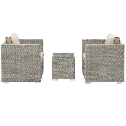 Repose 3 Piece Outdoor Patio Sectional Set, Sunbrella Rattan Wicker, Light Gray Beige 14000
