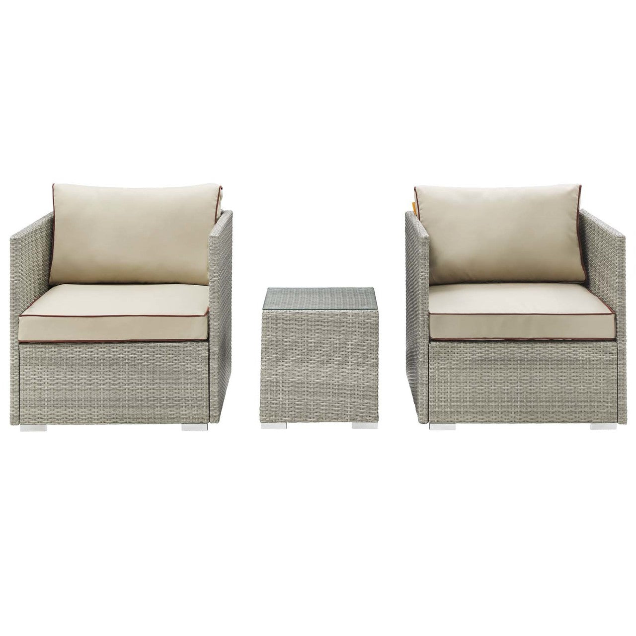 Repose 3 Piece Outdoor Patio Sectional Set, Sunbrella Rattan Wicker, Light Gray Beige 14000
