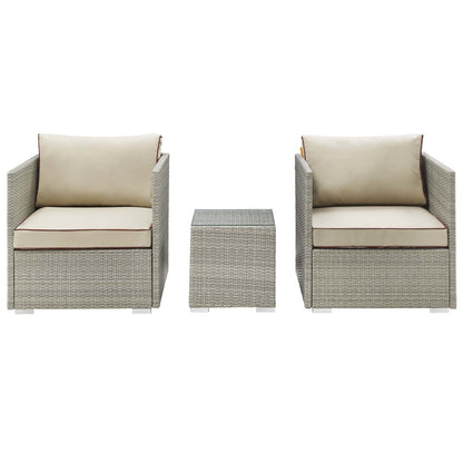 Repose 3 Piece Outdoor Patio Sectional Set, Sunbrella Rattan Wicker, Light Gray Beige 14000