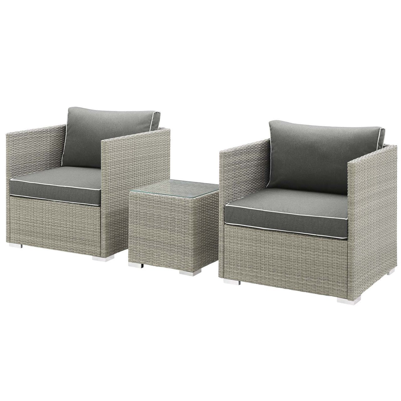 Repose 3 Piece Outdoor Patio Sectional Set, Sunbrella Rattan Wicker, Dark Grey Gray 14001