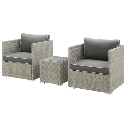 Repose 3 Piece Outdoor Patio Sectional Set, Sunbrella Rattan Wicker, Dark Grey Gray 14001
