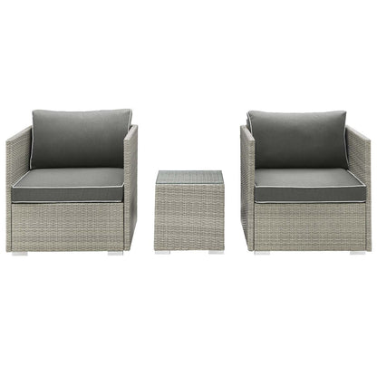 Repose 3 Piece Outdoor Patio Sectional Set, Sunbrella Rattan Wicker, Dark Grey Gray 14001