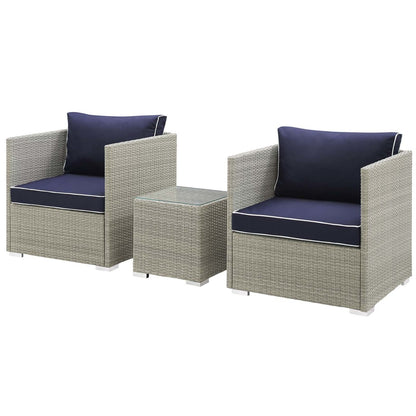 Repose 3 Piece Outdoor Patio Sectional Set, Sunbrella Rattan Wicker, Navy Blue Light Gray 14003