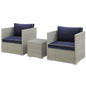 Repose 3 Piece Outdoor Patio Sectional Set, Sunbrella Rattan Wicker, Navy Blue Light Gray 14003