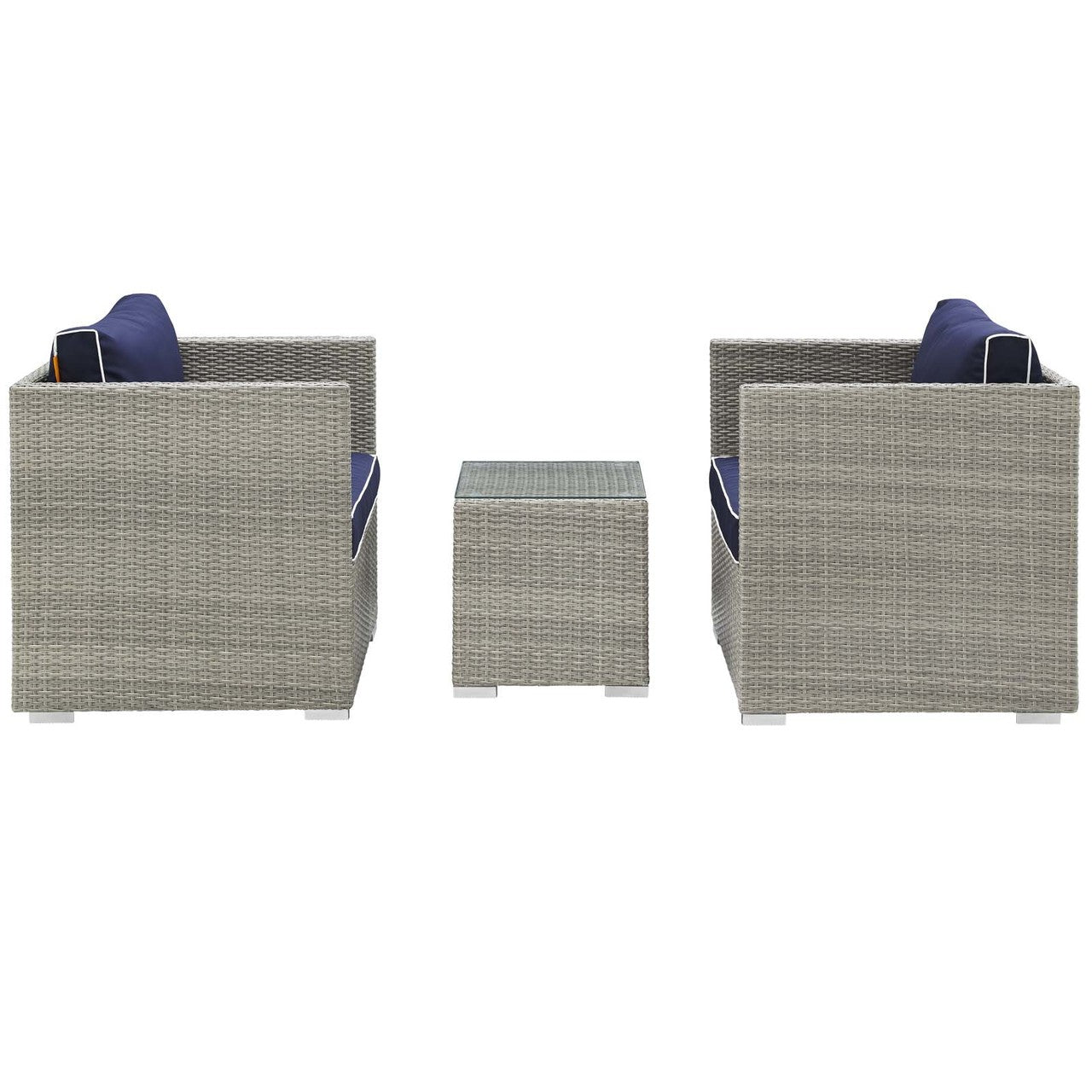 Repose 3 Piece Outdoor Patio Sectional Set, Sunbrella Rattan Wicker, Navy Blue Light Gray 14003