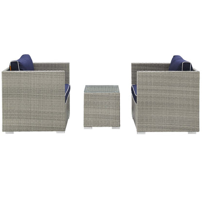 Repose 3 Piece Outdoor Patio Sectional Set, Sunbrella Rattan Wicker, Navy Blue Light Gray 14003