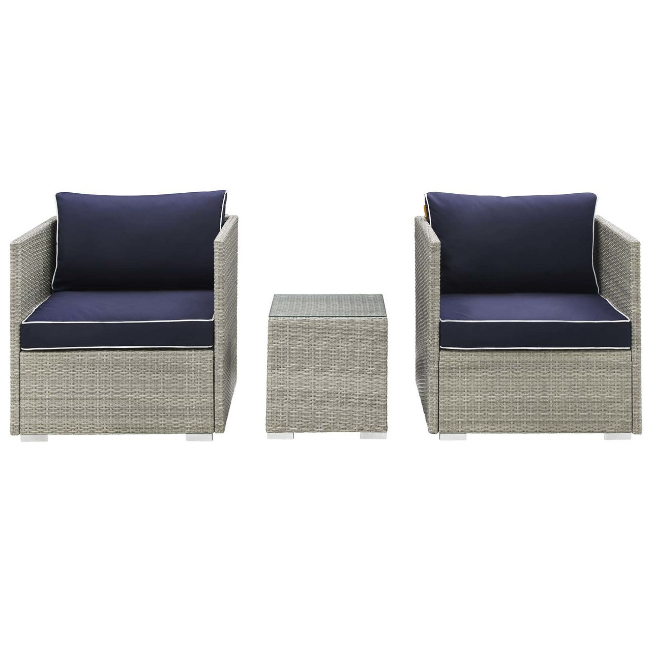 Repose 3 Piece Outdoor Patio Sectional Set, Sunbrella Rattan Wicker, Navy Blue Light Gray 14003