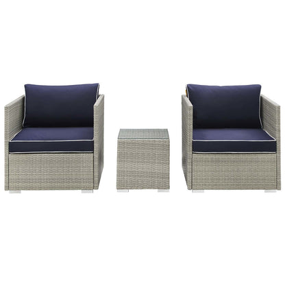 Repose 3 Piece Outdoor Patio Sectional Set, Sunbrella Rattan Wicker, Navy Blue Light Gray 14003
