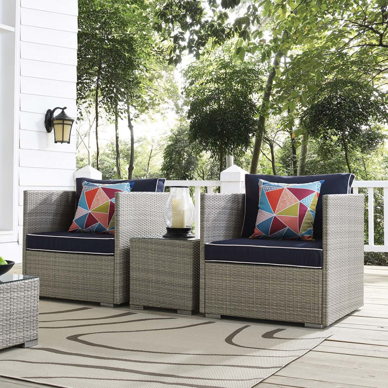 Repose 3 Piece Outdoor Patio Sectional Set, Sunbrella Rattan Wicker, Navy Blue Light Gray 14003
