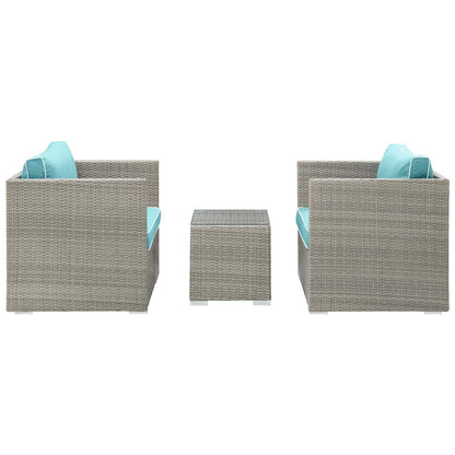 Repose 3 Piece Outdoor Patio Sectional Set, Sunbrella Rattan Wicker, Blue Light Gray 14004