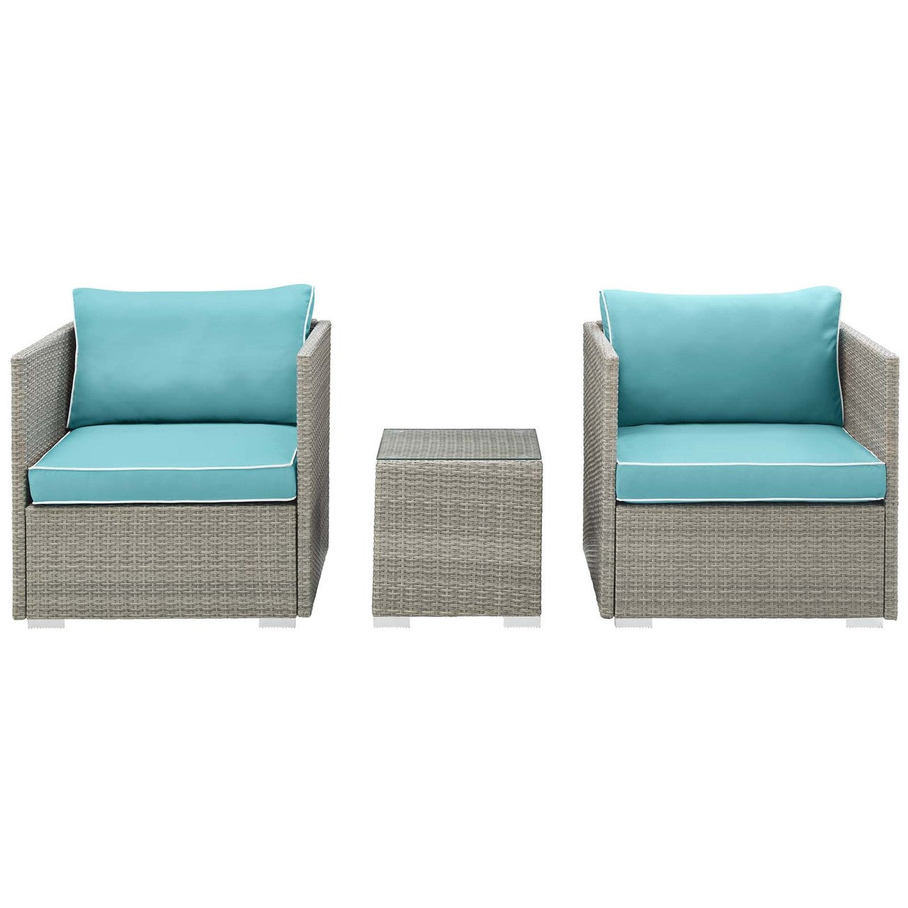 Repose 3 Piece Outdoor Patio Sectional Set, Sunbrella Rattan Wicker, Blue Light Gray 14004