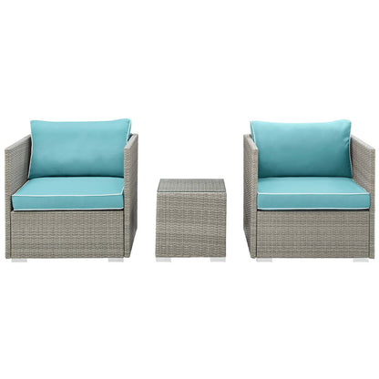 Repose 3 Piece Outdoor Patio Sectional Set, Sunbrella Rattan Wicker, Blue Light Gray 14004