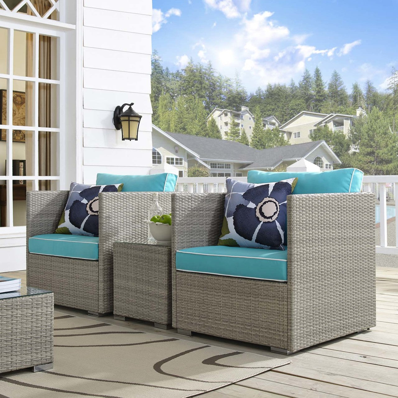 Repose 3 Piece Outdoor Patio Sectional Set, Sunbrella Rattan Wicker, Blue Light Gray 14004