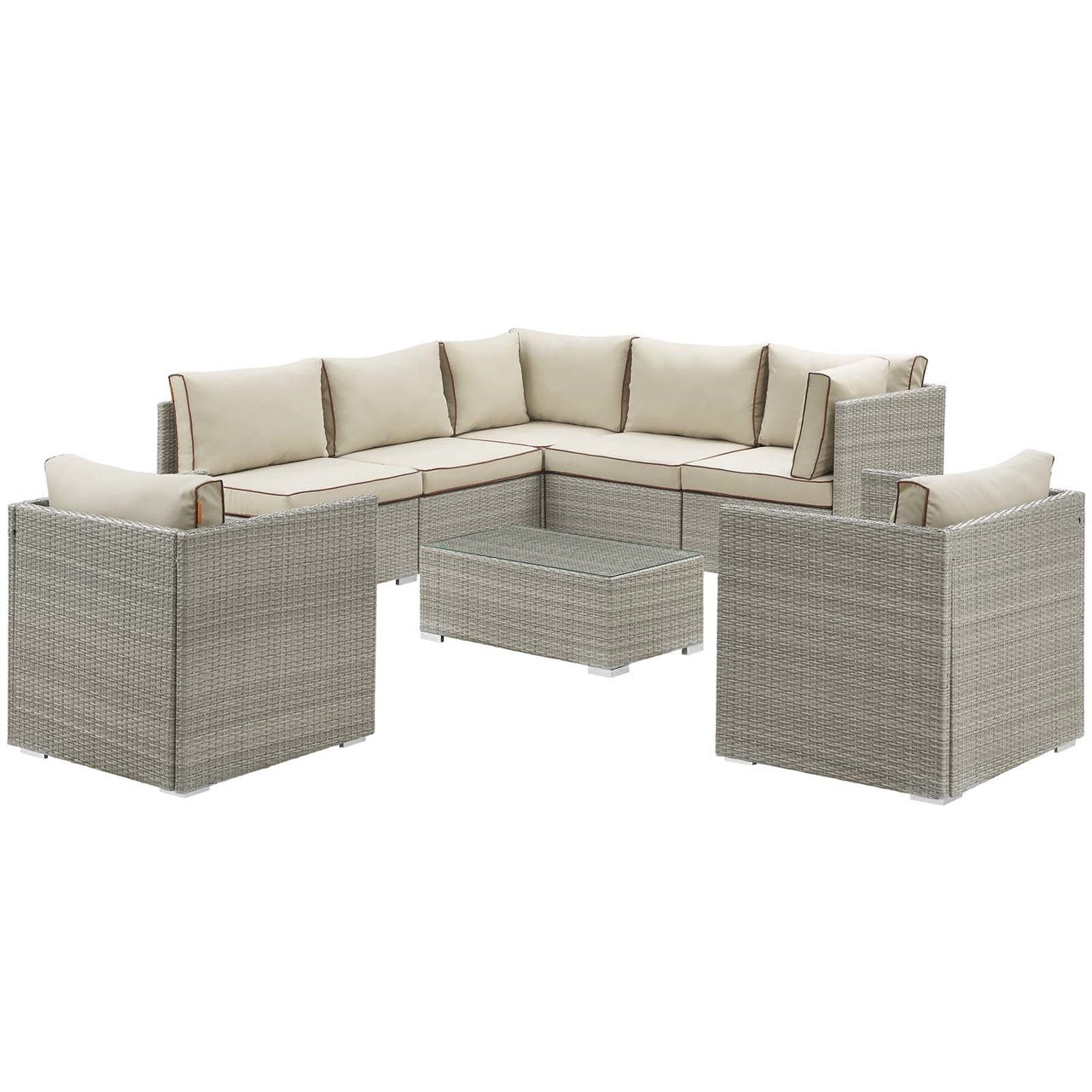 Repose 8 Piece Outdoor Patio Sectional Set, Sunbrella Rattan Wicker, Light Gray Beige 14008