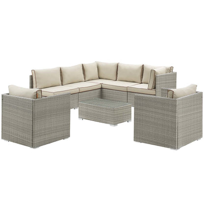 Repose 8 Piece Outdoor Patio Sectional Set, Sunbrella Rattan Wicker, Light Gray Beige 14008