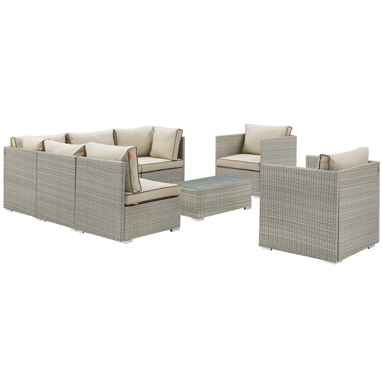 Repose 8 Piece Outdoor Patio Sectional Set, Sunbrella Rattan Wicker, Light Gray Beige 14008