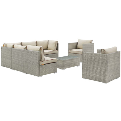Repose 8 Piece Outdoor Patio Sectional Set, Sunbrella Rattan Wicker, Light Gray Beige 14008