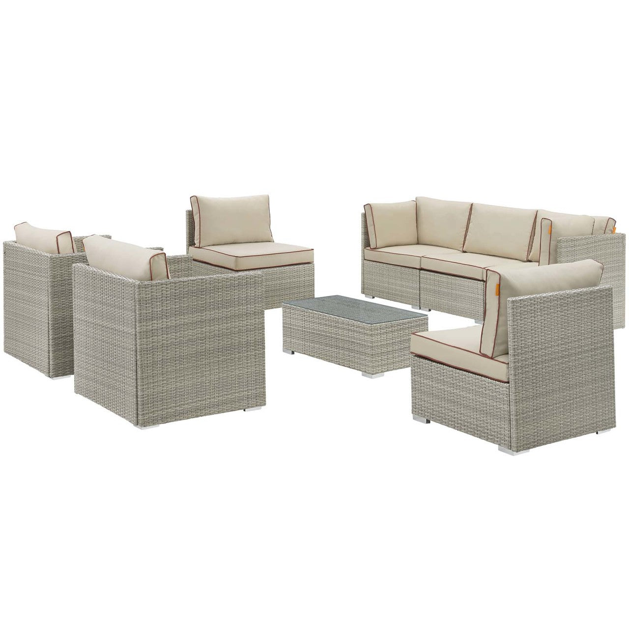 Repose 8 Piece Outdoor Patio Sectional Set, Sunbrella Rattan Wicker, Light Gray Beige 14008