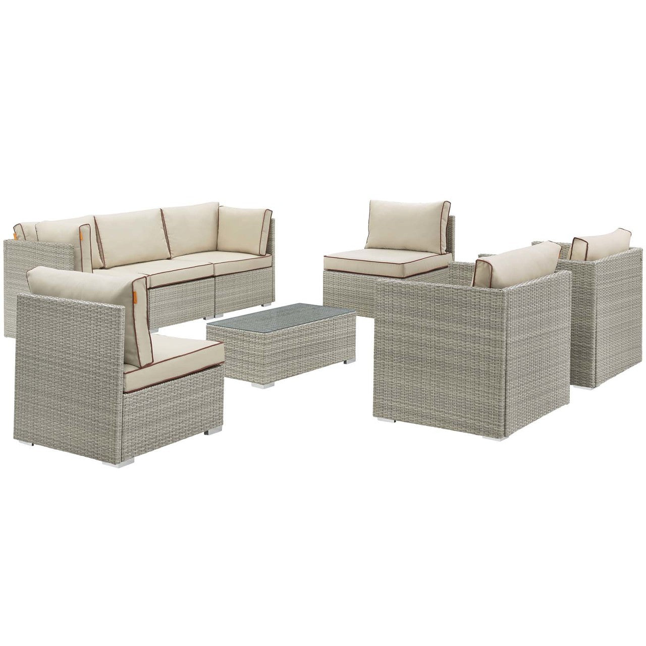 Repose 8 Piece Outdoor Patio Sectional Set, Sunbrella Rattan Wicker, Light Gray Beige 14008