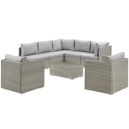 Repose 8 Piece Outdoor Patio Sectional Set, Sunbrella Rattan Wicker, Grey Gray 14010