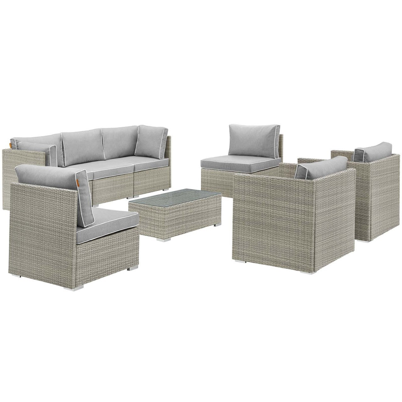 Repose 8 Piece Outdoor Patio Sectional Set, Sunbrella Rattan Wicker, Grey Gray 14010