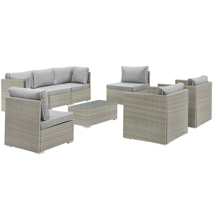 Repose 8 Piece Outdoor Patio Sectional Set, Sunbrella Rattan Wicker, Grey Gray 14010