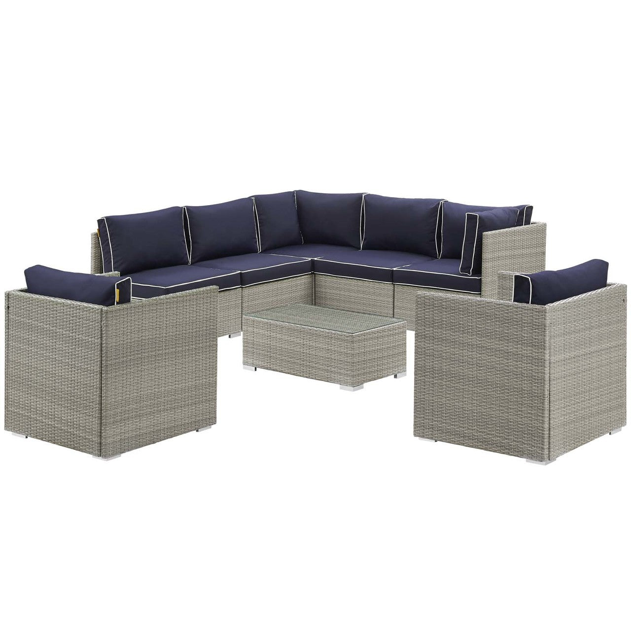 Repose 8 Piece Outdoor Patio Sectional Set, Sunbrella Rattan Wicker, Navy Blue Light Gray 14011