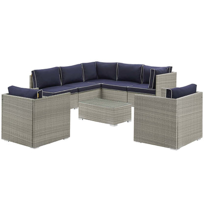 Repose 8 Piece Outdoor Patio Sectional Set, Sunbrella Rattan Wicker, Navy Blue Light Gray 14011
