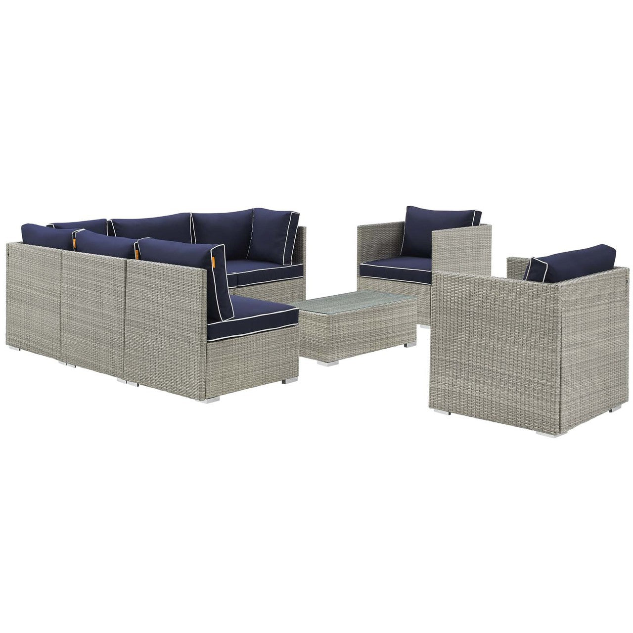 Repose 8 Piece Outdoor Patio Sectional Set, Sunbrella Rattan Wicker, Navy Blue Light Gray 14011