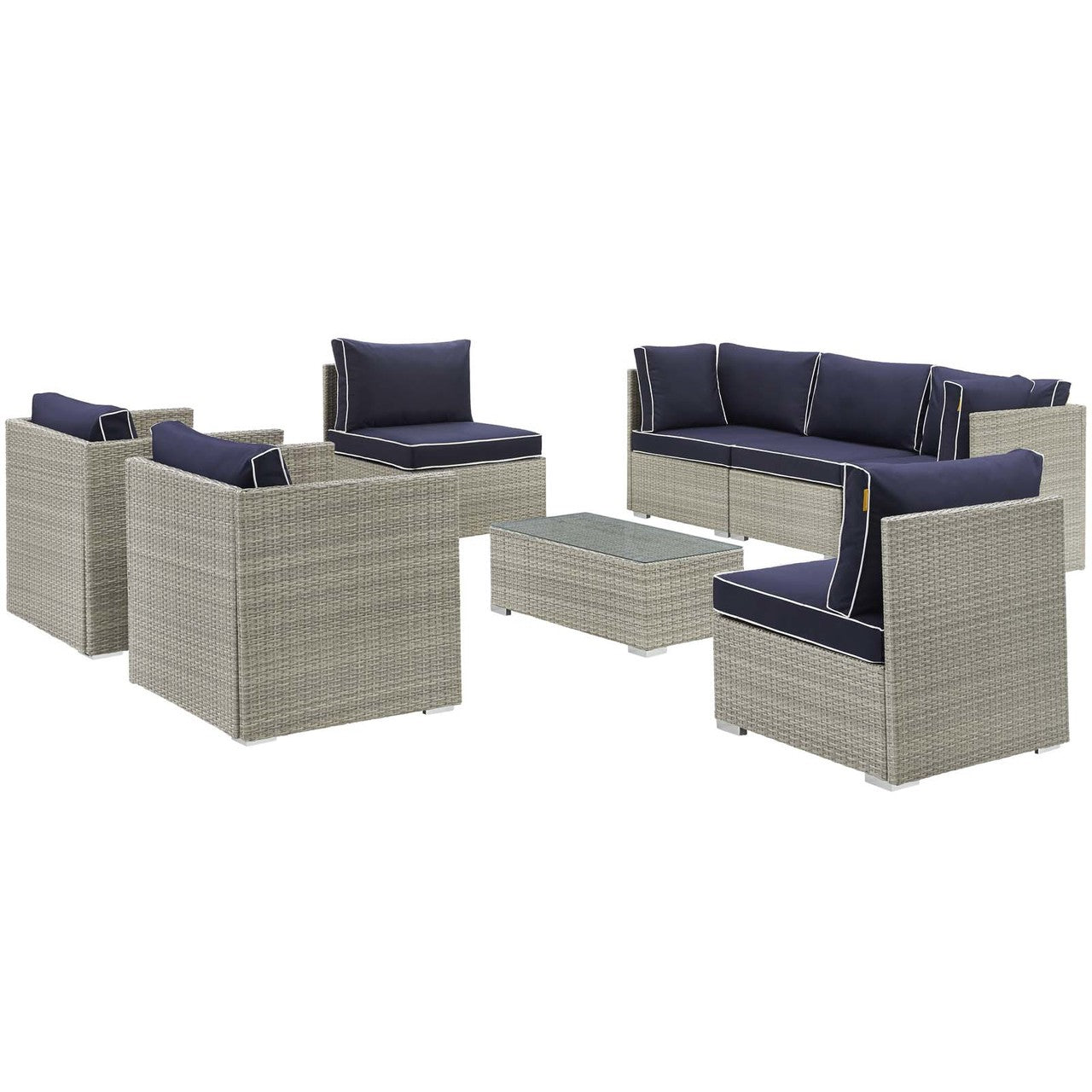 Repose 8 Piece Outdoor Patio Sectional Set, Sunbrella Rattan Wicker, Navy Blue Light Gray 14011