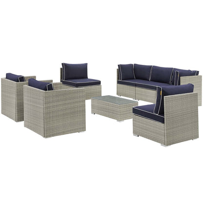 Repose 8 Piece Outdoor Patio Sectional Set, Sunbrella Rattan Wicker, Navy Blue Light Gray 14011