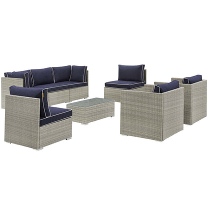 Repose 8 Piece Outdoor Patio Sectional Set, Sunbrella Rattan Wicker, Navy Blue Light Gray 14011