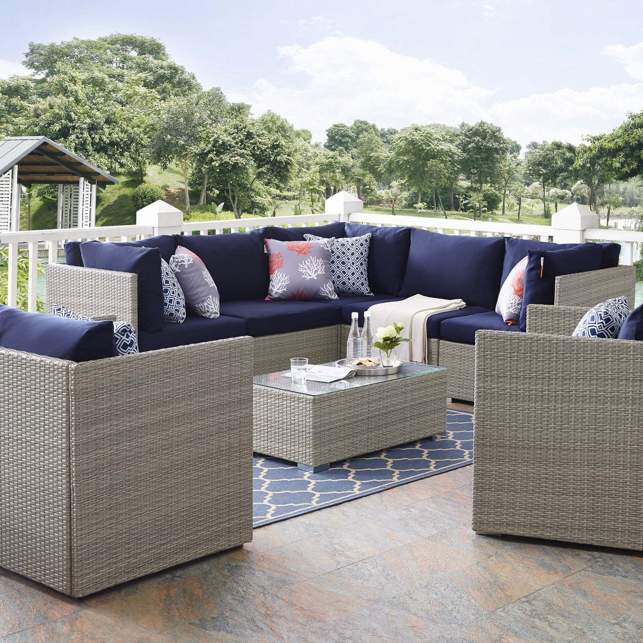 Repose 8 Piece Outdoor Patio Sectional Set, Sunbrella Rattan Wicker, Navy Blue Light Gray 14011