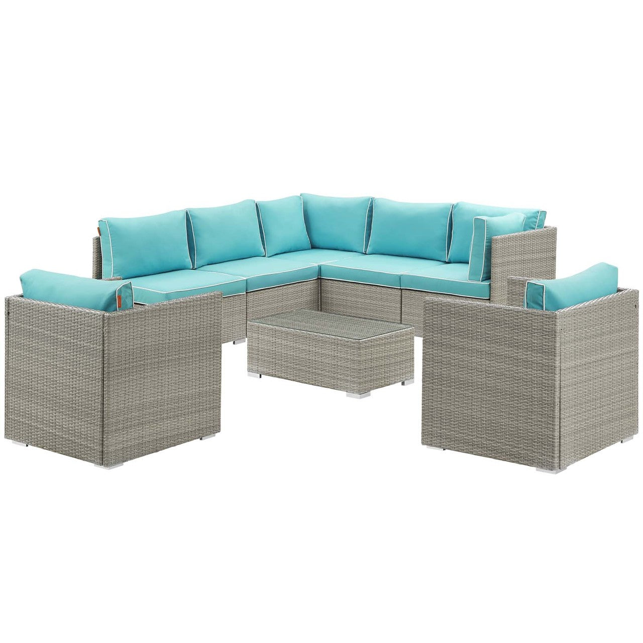 Repose 8 Piece Outdoor Patio Sectional Set, Sunbrella Rattan Wicker, Blue Light Gray 14012