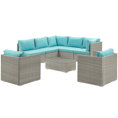 Repose 8 Piece Outdoor Patio Sectional Set, Sunbrella Rattan Wicker, Blue Light Gray 14012