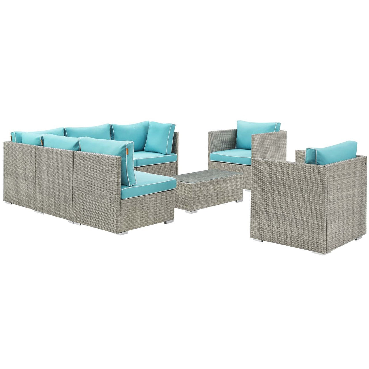Repose 8 Piece Outdoor Patio Sectional Set, Sunbrella Rattan Wicker, Blue Light Gray 14012