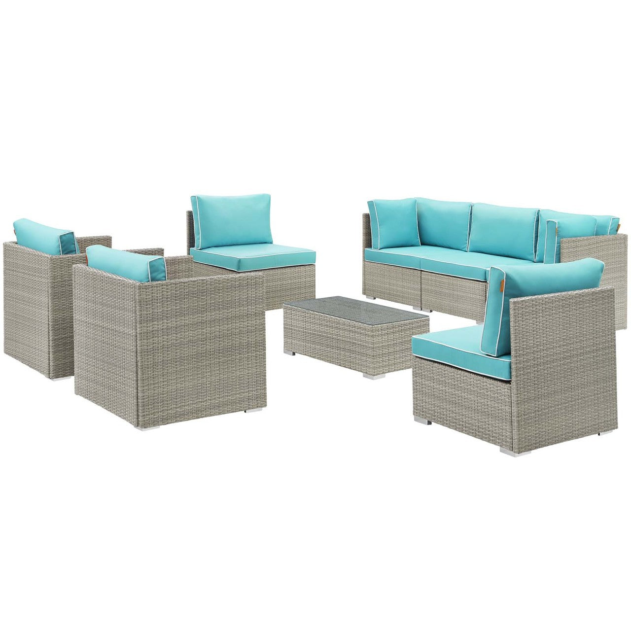 Repose 8 Piece Outdoor Patio Sectional Set, Sunbrella Rattan Wicker, Blue Light Gray 14012