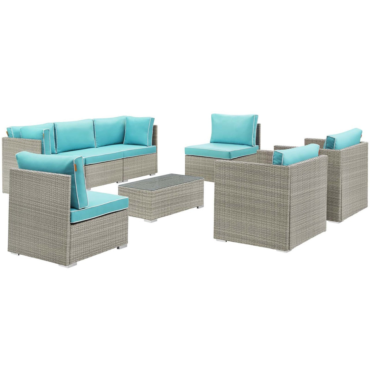 Repose 8 Piece Outdoor Patio Sectional Set, Sunbrella Rattan Wicker, Blue Light Gray 14012