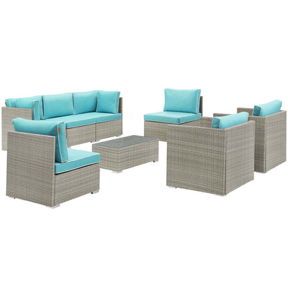 Repose 8 Piece Outdoor Patio Sectional Set, Sunbrella Rattan Wicker, Blue Light Gray 14012