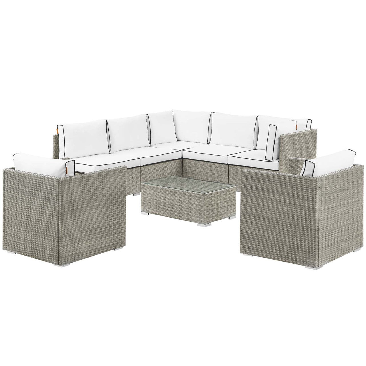 Repose 8 Piece Outdoor Patio Sectional Set, Sunbrella Rattan Wicker, White Light Gray 14013