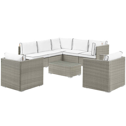 Repose 8 Piece Outdoor Patio Sectional Set, Sunbrella Rattan Wicker, White Light Gray 14013