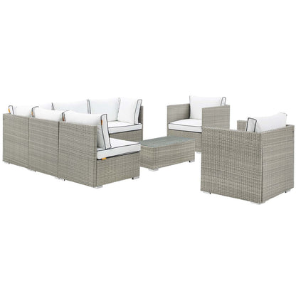 Repose 8 Piece Outdoor Patio Sectional Set, Sunbrella Rattan Wicker, White Light Gray 14013
