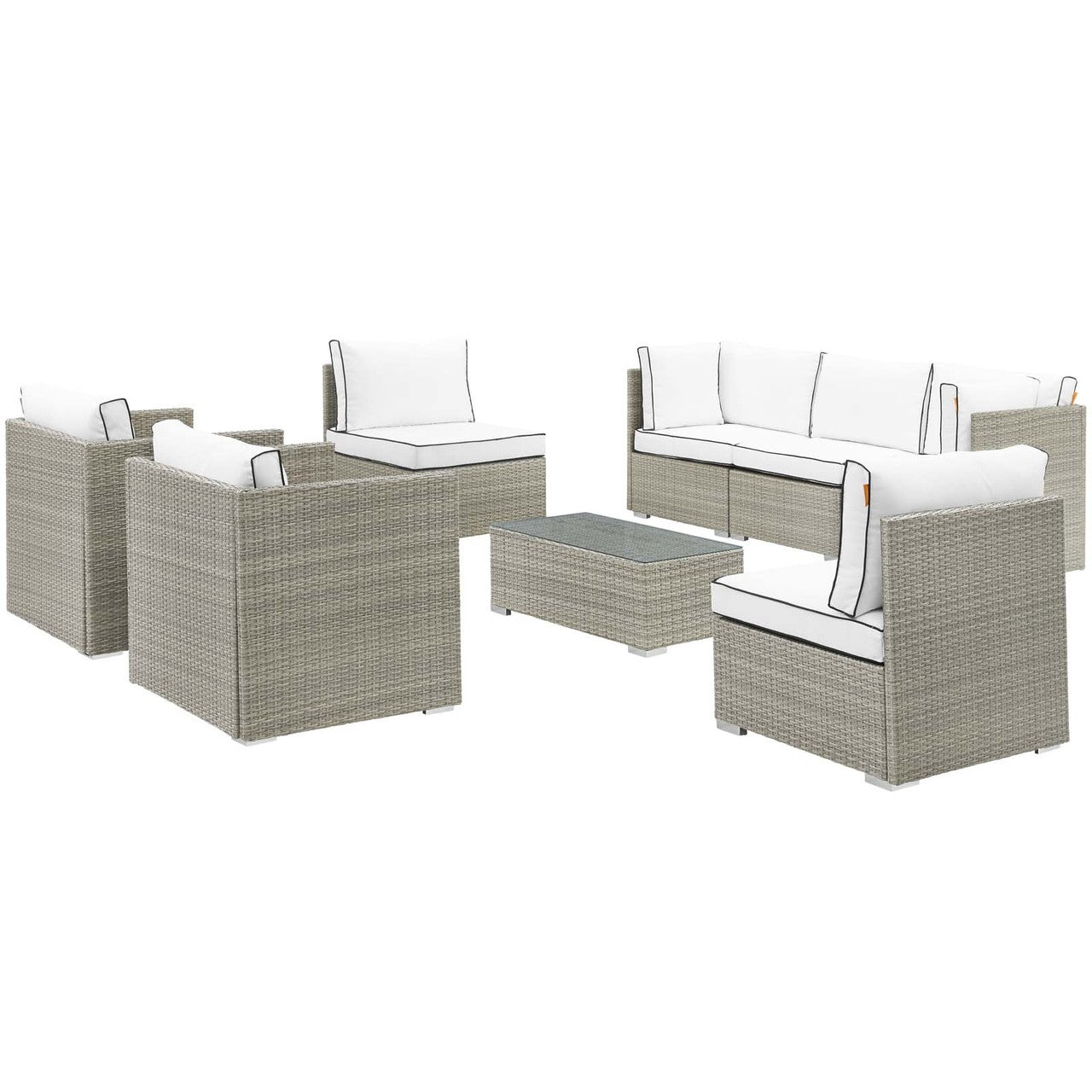 Repose 8 Piece Outdoor Patio Sectional Set, Sunbrella Rattan Wicker, White Light Gray 14013
