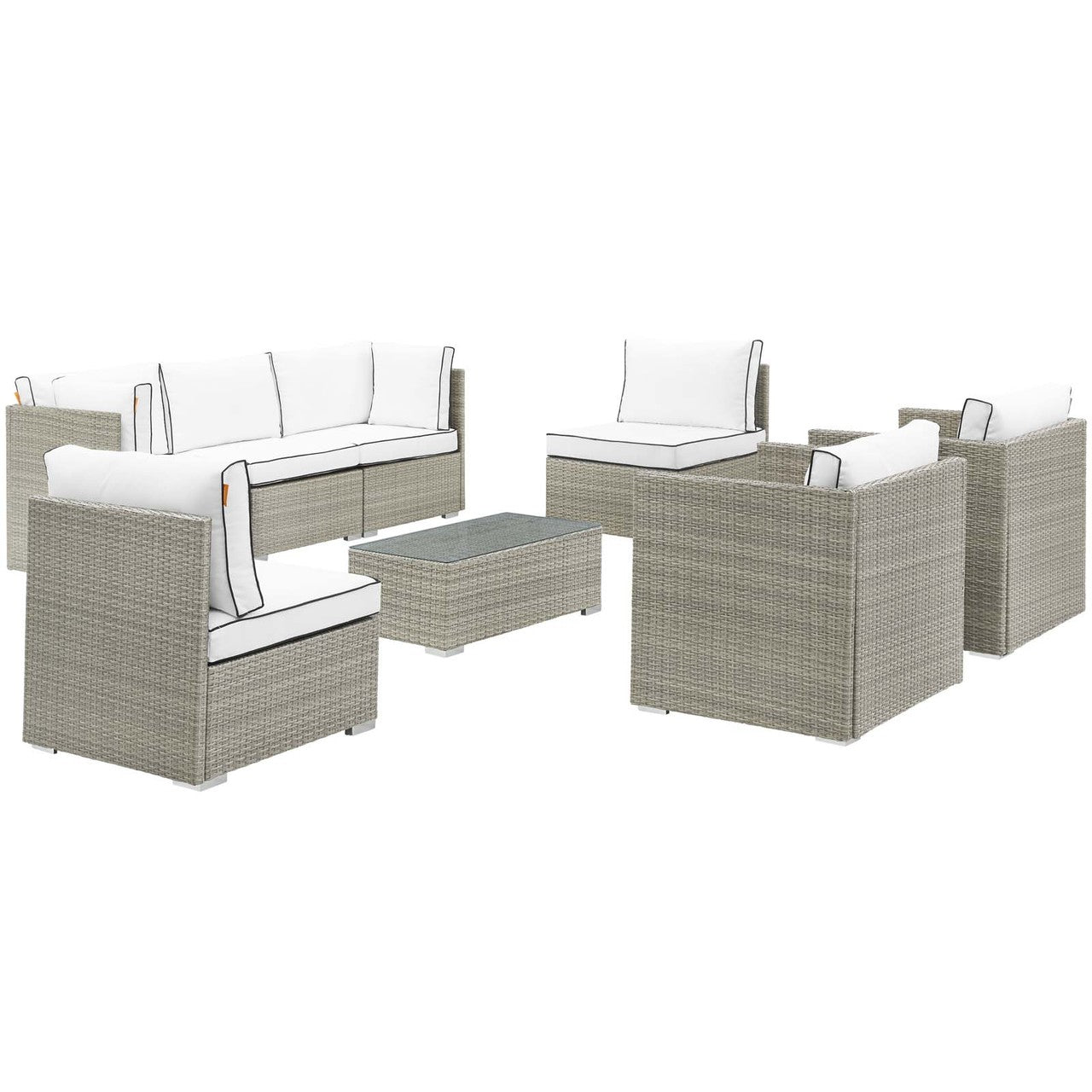 Repose 8 Piece Outdoor Patio Sectional Set, Sunbrella Rattan Wicker, White Light Gray 14013