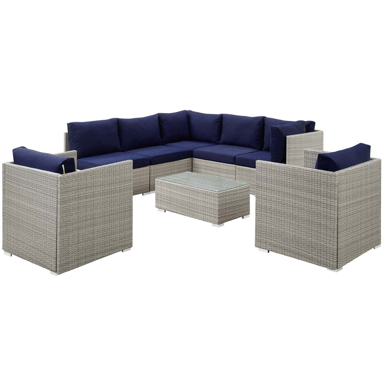 Repose 8 Piece Outdoor Patio Sunbrella® Sectional Set, Sunbrella Rattan Wicker, Navy Blue Light Gray 14015