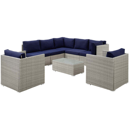 Repose 8 Piece Outdoor Patio Sunbrella® Sectional Set, Sunbrella Rattan Wicker, Navy Blue Light Gray 14015