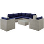 Repose 8 Piece Outdoor Patio Sunbrella® Sectional Set, Sunbrella Rattan Wicker, Navy Blue Light Gray 14015