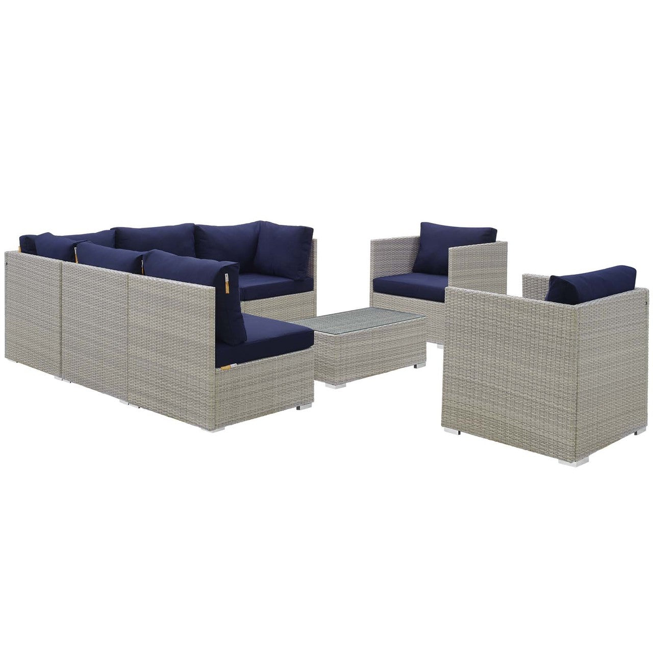 Repose 8 Piece Outdoor Patio Sunbrella® Sectional Set, Sunbrella Rattan Wicker, Navy Blue Light Gray 14015