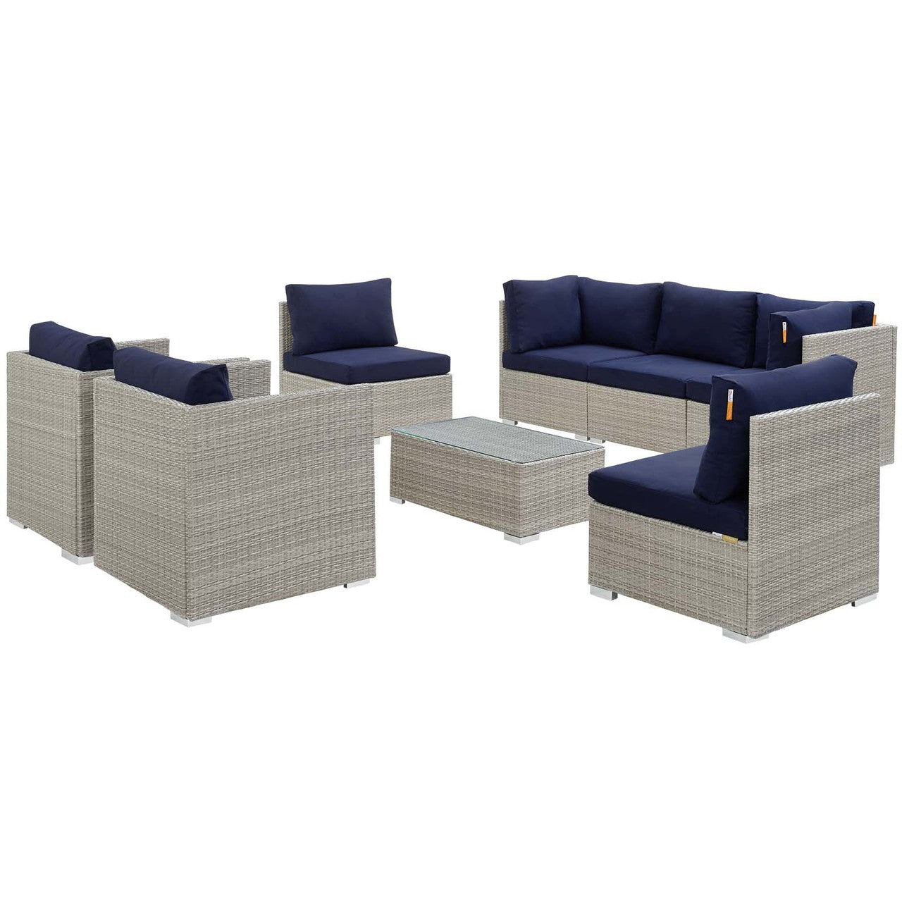 Repose 8 Piece Outdoor Patio Sunbrella® Sectional Set, Sunbrella Rattan Wicker, Navy Blue Light Gray 14015